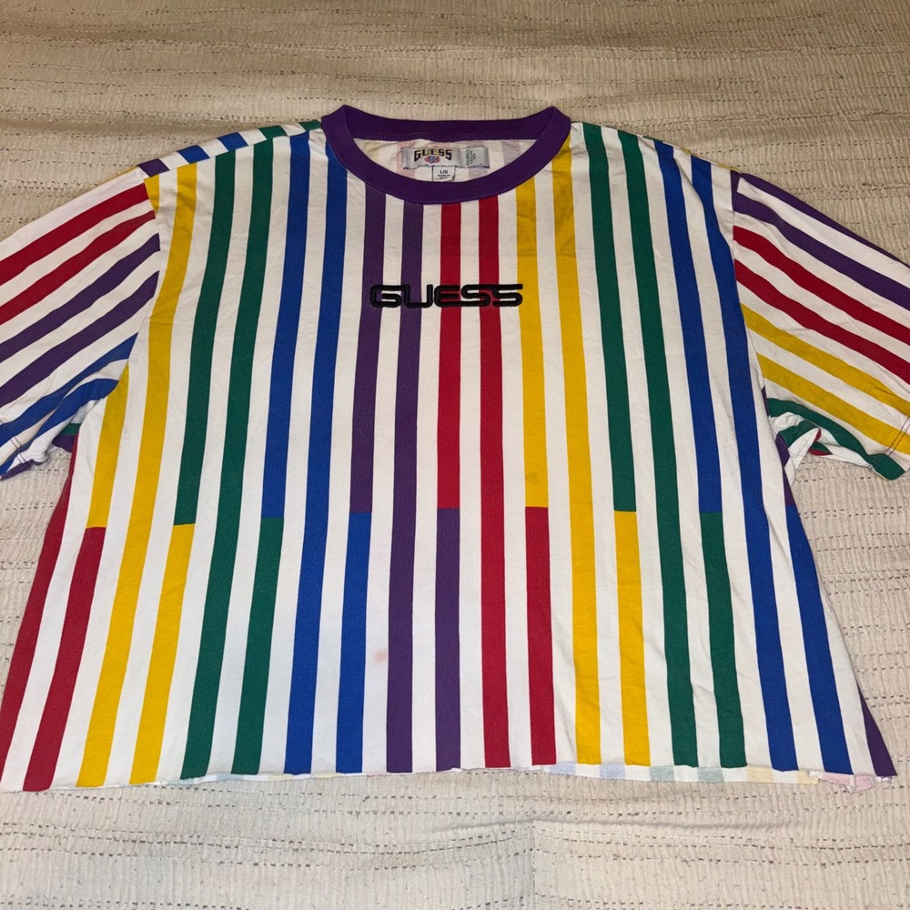 Guess x J Balvin Colores Striped T-Shirt Mens Large Multi Color Embroidered Logo